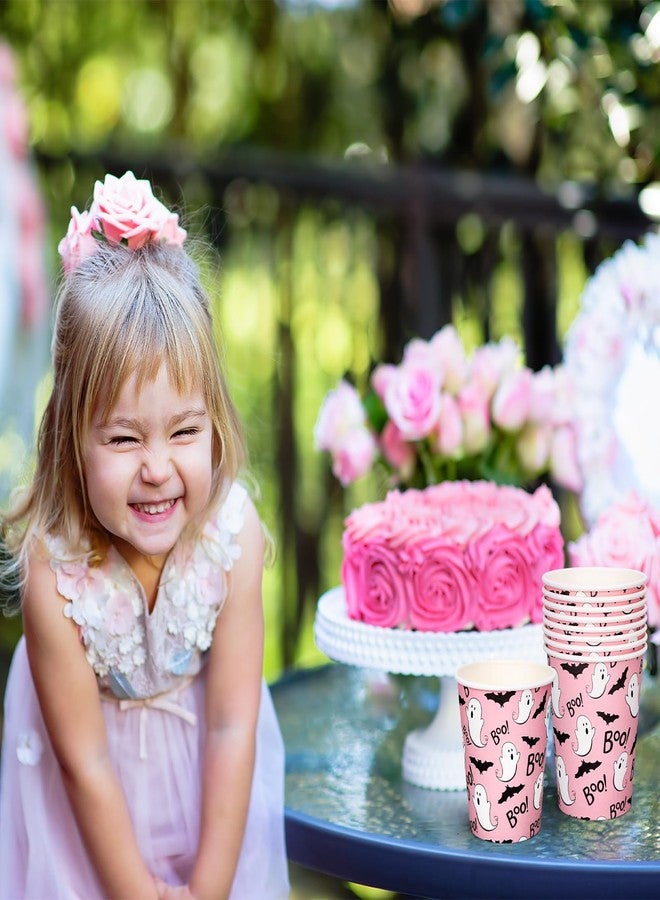 JarThenaAMCS 100Pcs Halloween Ghost Paper Cups 9oz Cute Ghost Bat Boo Pink Disposable Cups Party Cups for Hot Cold Drinks Beverage Halloween Party Supplies - Image 5